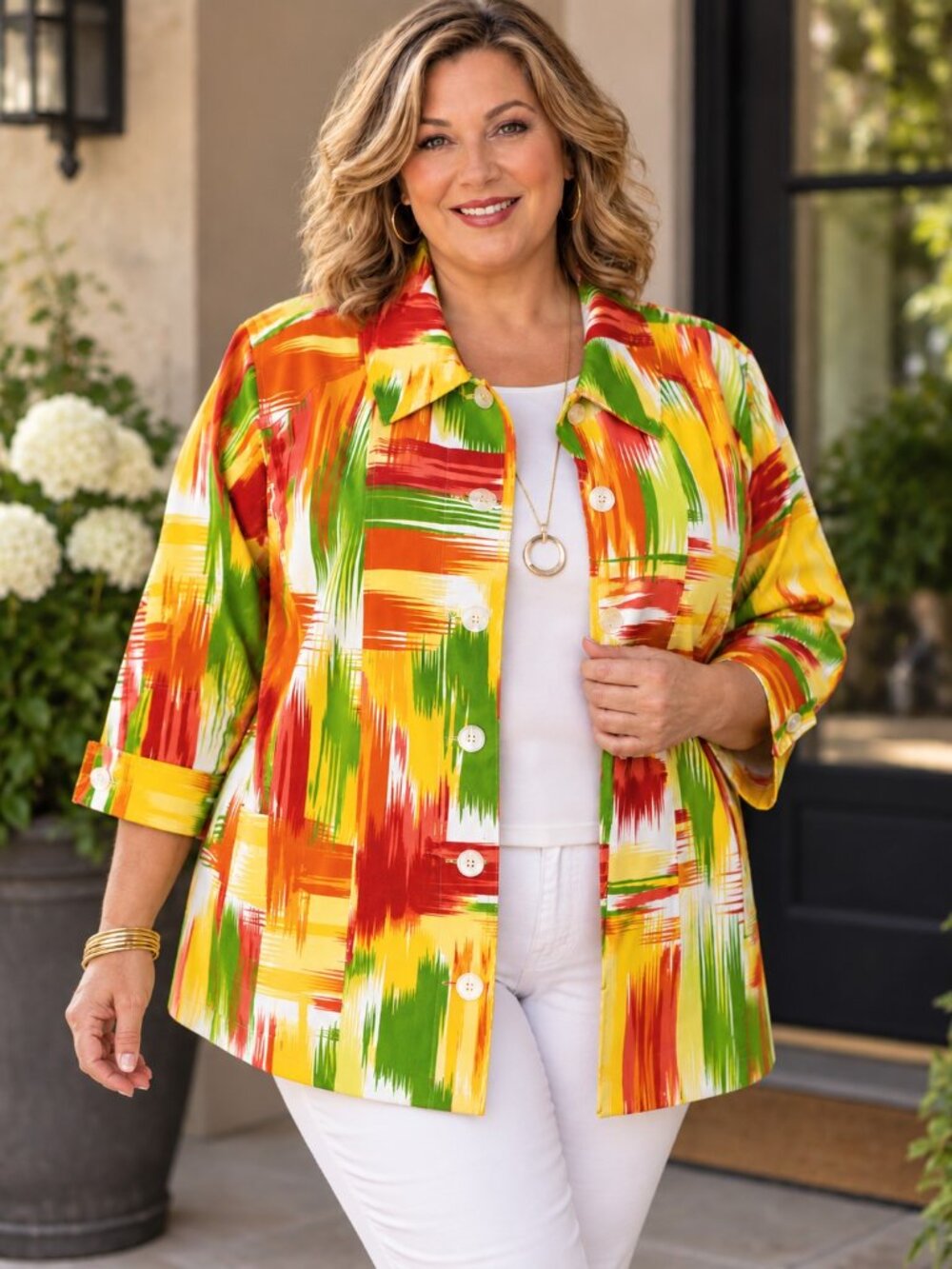 CJ Banks 1X Multicolor Abstract Brushstroke 3/4 Sleeve Button Jacket Womens Plus